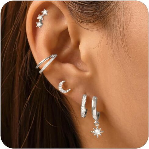 5 Pairs 14K Gold Stud Hoop Earrings Set for Women Hypoallergenic 925 Sterling Silver Post Dainty Huggie Cuff Earring Sets for Multiple Piercing Stacks Trendy Women Fashion Jewelry Gifts in Saudi Arabia