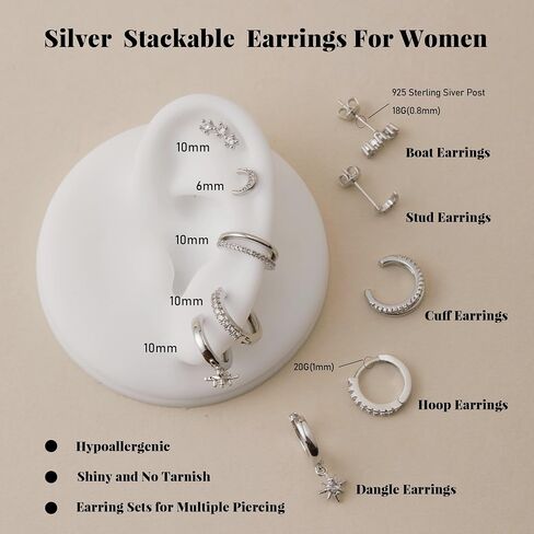 5 Pairs 14K Gold Stud Hoop Earrings Set for Women Hypoallergenic 925 Sterling Silver Post Dainty Huggie Cuff Earring Sets for Multiple Piercing Stacks Trendy Women Fashion Jewelry Gifts in Saudi Arabia