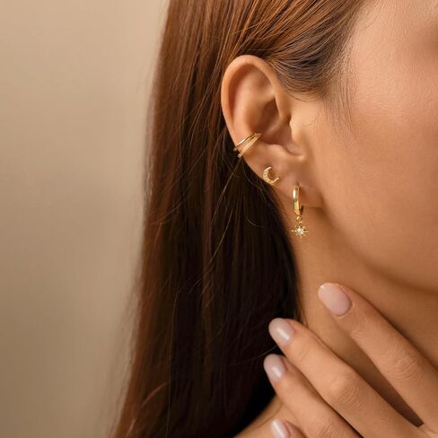 5 Pairs 14K Gold Stud Hoop Earrings Set for Women Hypoallergenic 925 Sterling Silver Post Dainty Huggie Cuff Earring Sets for Multiple Piercing Stacks Trendy Women Fashion Jewelry Gifts in Saudi Arabia