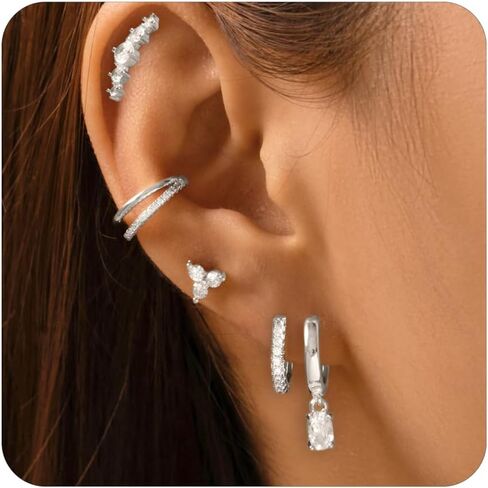 5 Pairs 14K Gold Stud Hoop Earrings Set for Women Hypoallergenic 925 Sterling Silver Post Dainty Huggie Cuff Earring Sets for Multiple Piercing Stacks Trendy Women Fashion Jewelry Gifts in Saudi Arabia