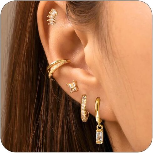 5 Pairs 14K Gold Stud Hoop Earrings Set for Women Hypoallergenic 925 Sterling Silver Post Dainty Huggie Cuff Earring Sets for Multiple Piercing Stacks Trendy Women Fashion Jewelry Gifts in Saudi Arabia