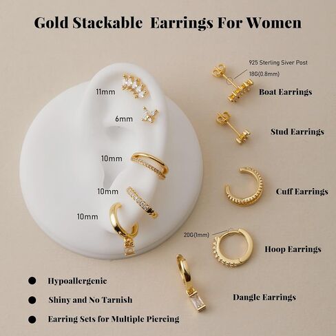 5 Pairs 14K Gold Stud Hoop Earrings Set for Women Hypoallergenic 925 Sterling Silver Post Dainty Huggie Cuff Earring Sets for Multiple Piercing Stacks Trendy Women Fashion Jewelry Gifts in Saudi Arabia