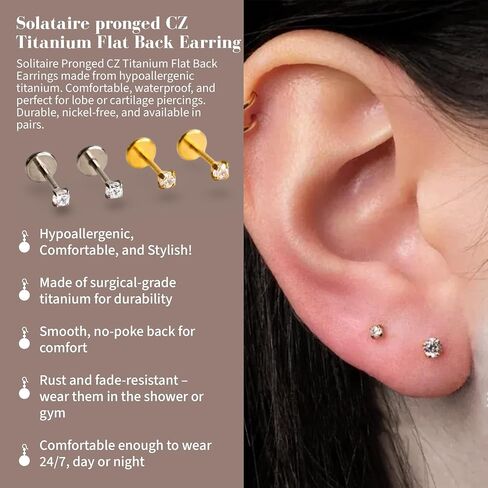Cubic Zirconia Diamond Stud Earrings for Women | Hypoallergenic Earrings for Women with Flat Back, No-Poke Design | Non-Tarnish, Implant-Grade Titanium | Round Cut CZ Studs Earrings in Saudi Arabia