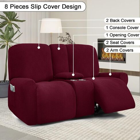 Reclining Love Seat with Middle Console Slipcover 8-Piece Dual Reclining Sofa Covers Jacquard 2 Seat Recliner Couch Cover Washable,Camel,2 Seat Console in Saudi Arabia