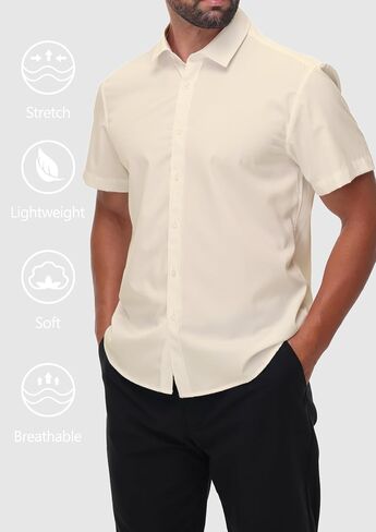 Mens Short Sleeve Dress Shirts Stretch Button Down Wrinkle Free Casual Solid Formal Shirt for Summer Business Wedding in Kuwait