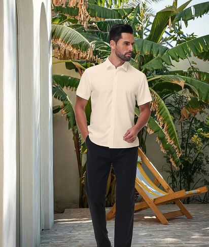 Mens Short Sleeve Dress Shirts Stretch Button Down Wrinkle Free Casual Solid Formal Shirt for Summer Business Wedding in Kuwait