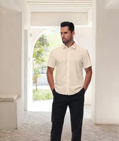 Mens Short Sleeve Dress Shirts Stretch Button Down Wrinkle Free Casual Solid Formal Shirt for Summer Business Wedding in Kuwait