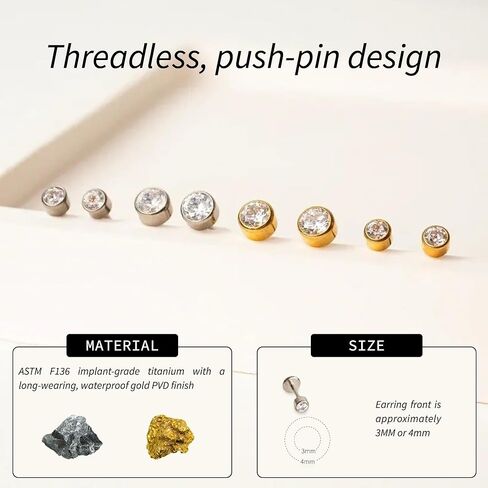 Cubic Zirconia Diamond Stud Earrings for Women | Hypoallergenic Earrings for Women with Flat Back, No-Poke Design | Non-Tarnish, Implant-Grade Titanium | Round Cut CZ Studs Earrings in Saudi Arabia