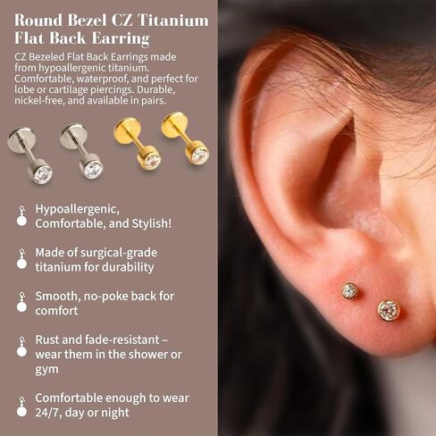 Cubic Zirconia Diamond Stud Earrings for Women | Hypoallergenic Earrings for Women with Flat Back, No-Poke Design | Non-Tarnish, Implant-Grade Titanium | Round Cut CZ Studs Earrings in Saudi Arabia