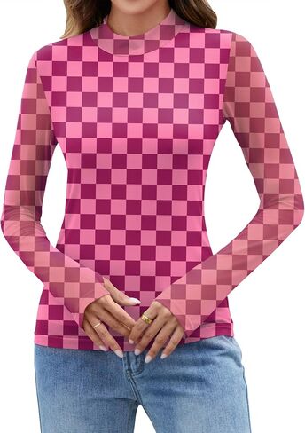 LOMON Mesh Long Sleeve Tops for Women Double Layered Sheer Shirts Mockneck Going Out Party Lace Blouse S-XXL in Kuwait
