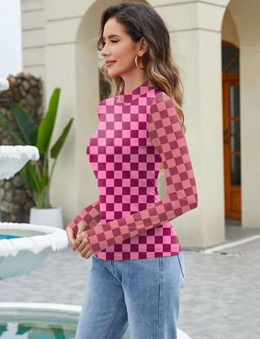 LOMON Mesh Long Sleeve Tops for Women Double Layered Sheer Shirts Mockneck Going Out Party Lace Blouse S-XXL in Kuwait