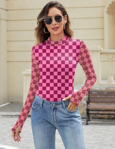 LOMON Mesh Long Sleeve Tops for Women Double Layered Sheer Shirts Mockneck Going Out Party Lace Blouse S-XXL in Kuwait