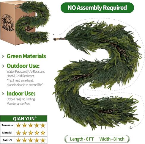 6fts Norfolk Pine Garland - Greenery Garland Real Touch ، النباتات الخضراء الكثيفة لعيد الميلاد الداخلي في الهواء الطلق ، وعطلات ، وتزيين المنزل (1 ، 6 أقدام) in Kuwait