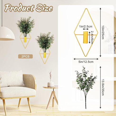 2 Pcs Hallway Decor Hanging Planters, Artificial Eucalyptus Wall Plants with Modern Geometric Design, Black Boho Wall Decor for Indoor Spaces, Stylish Home Accent for Living Room, Hallway & Bedroom in Kuwait