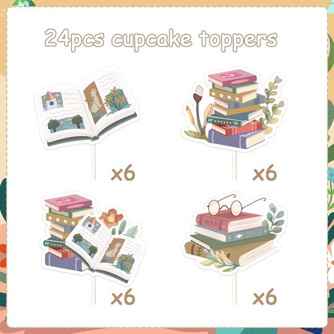 Jollyboom Storybook Baby Shower Decoration Girl, 24pcs Storybook Theme Cupcake Topper Pink Book Reading Double-Sided Printing Cake Decoration for Storybook Book Baby Shower Birthday Party Decoration in Kuwait