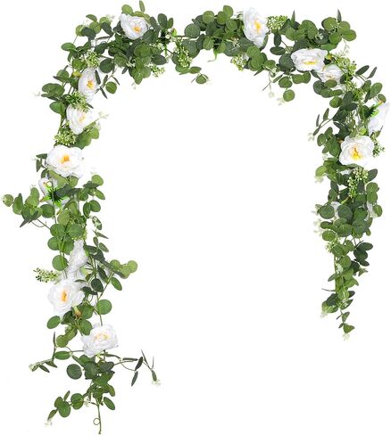 2Pcs Total 13 feet Eucalyptus Flower Garland with Fake Rose Flower, Artificial Fake Flowers Greenery Garland Floral Vines for Decoration Party Wedding Table Indoor Outdoor Backdrop Wall Decor（Pink） in Saudi Arabia