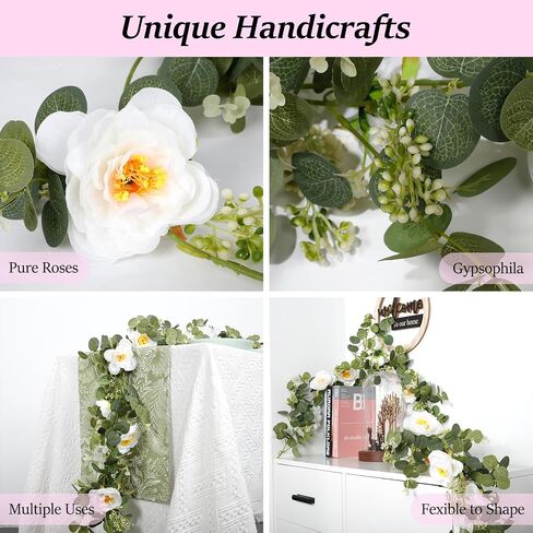 2Pcs Total 13 feet Eucalyptus Flower Garland with Fake Rose Flower, Artificial Fake Flowers Greenery Garland Floral Vines for Decoration Party Wedding Table Indoor Outdoor Backdrop Wall Decor（Pink） in Saudi Arabia