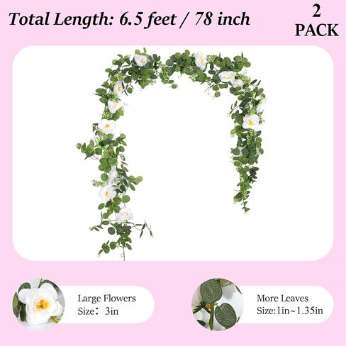 2Pcs Total 13 feet Eucalyptus Flower Garland with Fake Rose Flower, Artificial Fake Flowers Greenery Garland Floral Vines for Decoration Party Wedding Table Indoor Outdoor Backdrop Wall Decor（Pink） in Saudi Arabia