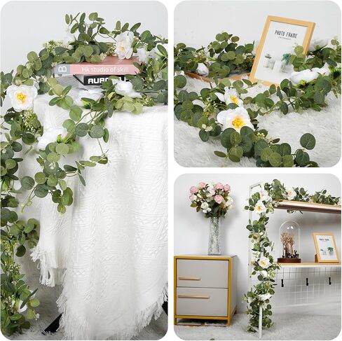 2Pcs Total 13 feet Eucalyptus Flower Garland with Fake Rose Flower, Artificial Fake Flowers Greenery Garland Floral Vines for Decoration Party Wedding Table Indoor Outdoor Backdrop Wall Decor（Pink） in Saudi Arabia