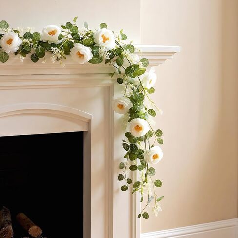 2Pcs Total 13 feet Eucalyptus Flower Garland with Fake Rose Flower, Artificial Fake Flowers Greenery Garland Floral Vines for Decoration Party Wedding Table Indoor Outdoor Backdrop Wall Decor（Pink） in Saudi Arabia