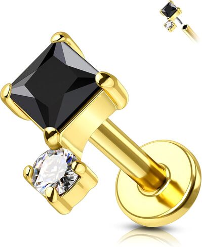 COCHARM 16G Threadless Labret Stud Earrings Flat Back Helix, Tragus, Cartilage,Conch Piercing Jewelry Square CZ Push Pin Lobe Stud 6mm 8mm 316L Steel Silver, Gold in Saudi Arabia
