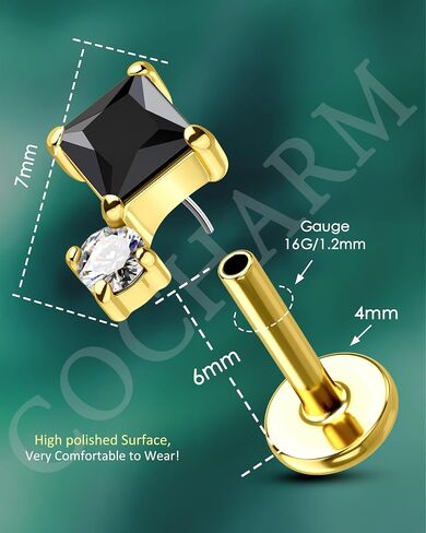 COCHARM 16G Threadless Labret Stud Earrings Flat Back Helix, Tragus, Cartilage,Conch Piercing Jewelry Square CZ Push Pin Lobe Stud 6mm 8mm 316L Steel Silver, Gold in Saudi Arabia