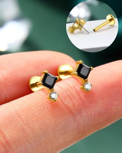 COCHARM 16G Threadless Labret Stud Earrings Flat Back Helix, Tragus, Cartilage,Conch Piercing Jewelry Square CZ Push Pin Lobe Stud 6mm 8mm 316L Steel Silver, Gold in Saudi Arabia