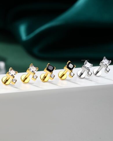 COCHARM 16G Threadless Labret Stud Earrings Flat Back Helix, Tragus, Cartilage,Conch Piercing Jewelry Square CZ Push Pin Lobe Stud 6mm 8mm 316L Steel Silver, Gold in Saudi Arabia