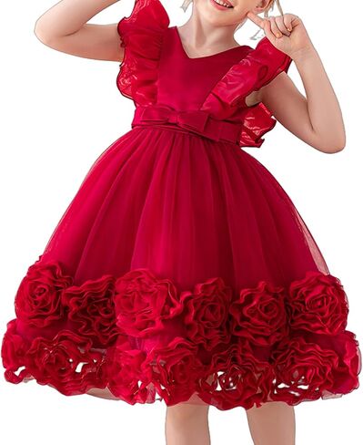 فستان تول بلا أكمام للبنات ، ويتميز بالتطريز الأزهار ثلاثية الأبعاد وتصميم V-Neck لحفلات الزفاف in Kuwait