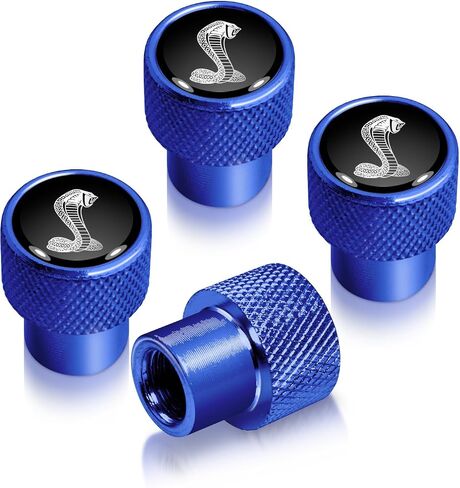 for Ford Mustang Cobra in Black on Blue Premium Anodized Aluminum Tire Valve Stem Caps - Set of 4 in Saudi Arabia
