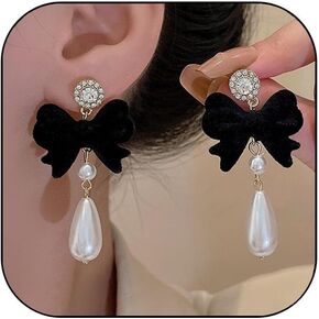 Bow Earrings for Women Pearl Stud Earrings Black Pearl Bow Dangle Drop Earring Trendy Flocking Tassel Jewelry Gifts for Women in Saudi Arabia