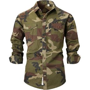 PAODIKUAI Men Camouflage Denim Shirt Camo Washed Military Long Sleeve Shirts Casual Button Down Shirts in Kuwait