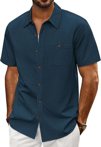 PJ PAUL JONES Mens Short Sleeve Button Down Shirts Summer Beach Shirts Untuckit Cotton Shirt with Pocket in Saudi Arabia