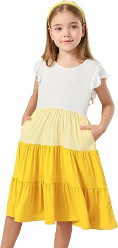 الفساتين الصيفية من الخيزران Viscose Girl 5-14y ، غلاف رفرفة مستويات الأرجوحة Midi Sundress مع جيوب in Kuwait