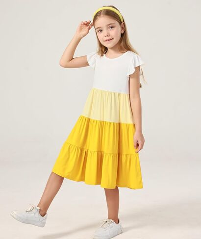الفساتين الصيفية من الخيزران Viscose Girl 5-14y ، غلاف رفرفة مستويات الأرجوحة Midi Sundress مع جيوب in Kuwait