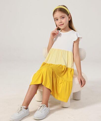 الفساتين الصيفية من الخيزران Viscose Girl 5-14y ، غلاف رفرفة مستويات الأرجوحة Midi Sundress مع جيوب in Kuwait