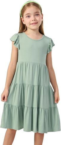الفساتين الصيفية من الخيزران Viscose Girl 5-14y ، غلاف رفرفة مستويات الأرجوحة Midi Sundress مع جيوب in Kuwait