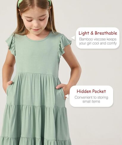 الفساتين الصيفية من الخيزران Viscose Girl 5-14y ، غلاف رفرفة مستويات الأرجوحة Midi Sundress مع جيوب in Kuwait