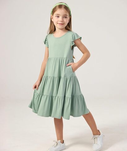 الفساتين الصيفية من الخيزران Viscose Girl 5-14y ، غلاف رفرفة مستويات الأرجوحة Midi Sundress مع جيوب in Kuwait