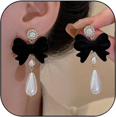 Bow Earrings for Women Pearl Stud Earrings Black Pearl Bow Dangle Drop Earring Trendy Flocking Tassel Jewelry Gifts for Women in Saudi Arabia