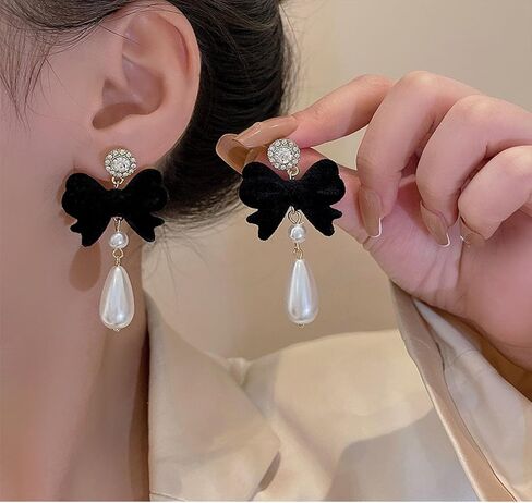 Bow Earrings for Women Pearl Stud Earrings Black Pearl Bow Dangle Drop Earring Trendy Flocking Tassel Jewelry Gifts for Women in Saudi Arabia