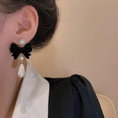 Bow Earrings for Women Pearl Stud Earrings Black Pearl Bow Dangle Drop Earring Trendy Flocking Tassel Jewelry Gifts for Women in Saudi Arabia