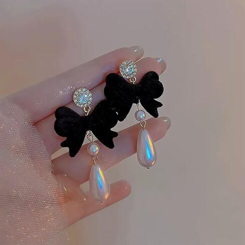 Bow Earrings for Women Pearl Stud Earrings Black Pearl Bow Dangle Drop Earring Trendy Flocking Tassel Jewelry Gifts for Women in Saudi Arabia