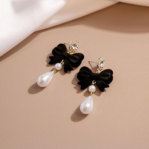 Bow Earrings for Women Pearl Stud Earrings Black Pearl Bow Dangle Drop Earring Trendy Flocking Tassel Jewelry Gifts for Women in Saudi Arabia