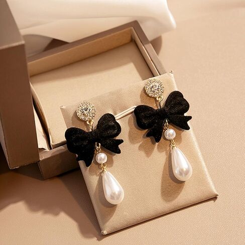 Bow Earrings for Women Pearl Stud Earrings Black Pearl Bow Dangle Drop Earring Trendy Flocking Tassel Jewelry Gifts for Women in Saudi Arabia
