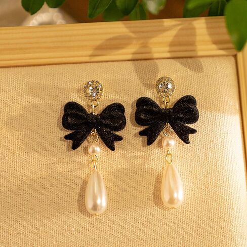 Bow Earrings for Women Pearl Stud Earrings Black Pearl Bow Dangle Drop Earring Trendy Flocking Tassel Jewelry Gifts for Women in Saudi Arabia