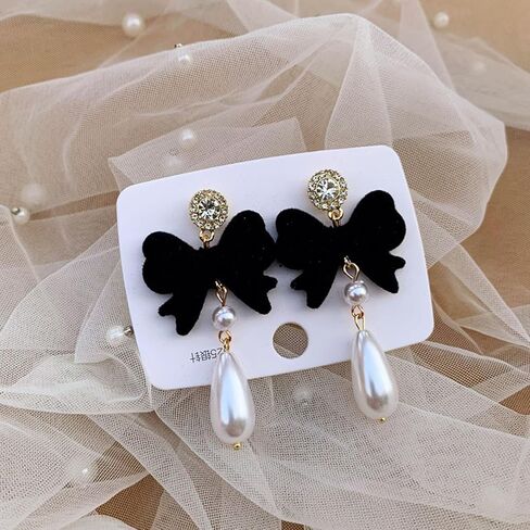 Bow Earrings for Women Pearl Stud Earrings Black Pearl Bow Dangle Drop Earring Trendy Flocking Tassel Jewelry Gifts for Women in Saudi Arabia