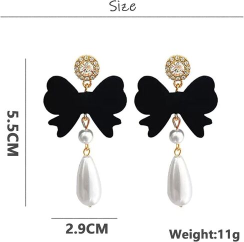 Bow Earrings for Women Pearl Stud Earrings Black Pearl Bow Dangle Drop Earring Trendy Flocking Tassel Jewelry Gifts for Women in Saudi Arabia