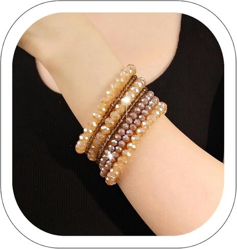 Vintage Stackable Beaded Stretch Bracelet Set 7 Pieces Bohemian Sparkly Elastic Beaded Hand Chain Boho Multicolor Acrylic Faux Crystal Accessories in Saudi Arabia