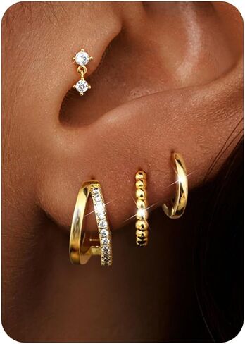Small Gold Hoop Earrings for Women Hypoallergenic - 14K Gold Silver Plated Earring Stacks Non Tarnish Huggie Hoop Earring Flat Back Stud Earring Sets for Multiple Piercing Cartilage Earring Jewelry 4Pairs in Saudi Arabia